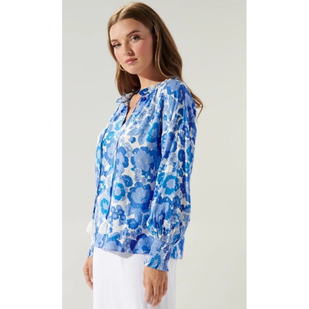 Sugarlips Juliani Floral Weylin Split Neck Tassel Blouse Blue White STT16645PE M